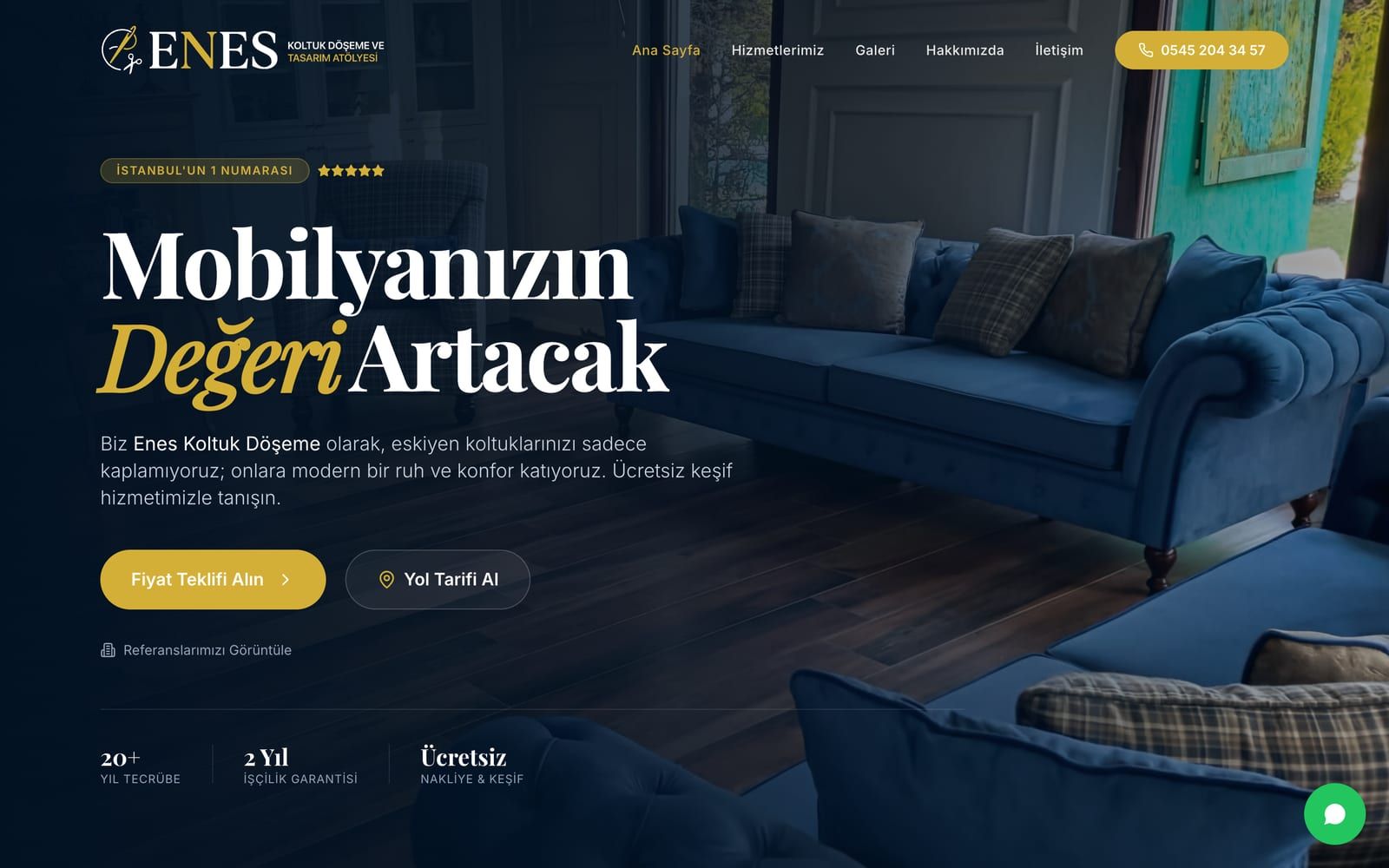 Enes Koltuk Döşeme web sitesi ana sayfası: döşenmiş koltuk fotoğrafı, fiyat teklifi ve yol tarifi butonları