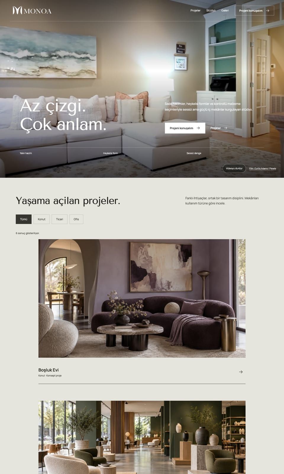Monoa Studio web sitesi tasarımı — İç mimarlık